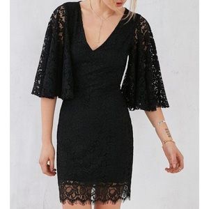 bell sleeve black lace mini dress